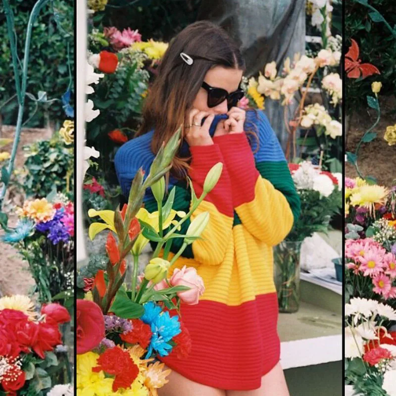 Дешево Новинка 2019, Осенний женский свитер, длинный рукав, пэчворк, вязанный, Радужный, в полоску, пуловер, цветной, Sueter Mujer Invierno