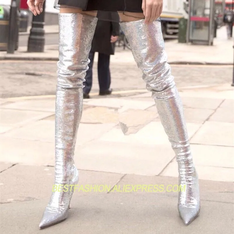 

Hot 2018 Shoes Woman Pointed Toe Thigh High Boots Runway High heels Woman Over the Knee Boots Bling Boot Stretch Leopard Boots