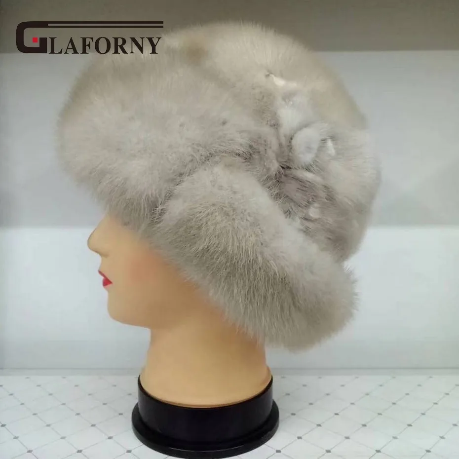 

Glaforny 2018 Genuine Mink Fur Hat Women Winter Imported Whole Mink Fur Cap Floral Pattern Russian High-End LLuxury Female Hats