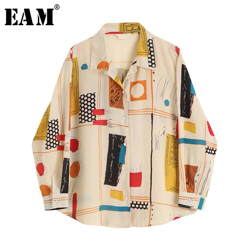 

[EAM] 2019 New Autumn Winter Lapel Long Sleeve Pattern Printed Loose Big Size Personality Shirt Women Blouse Fashion Tide JU930