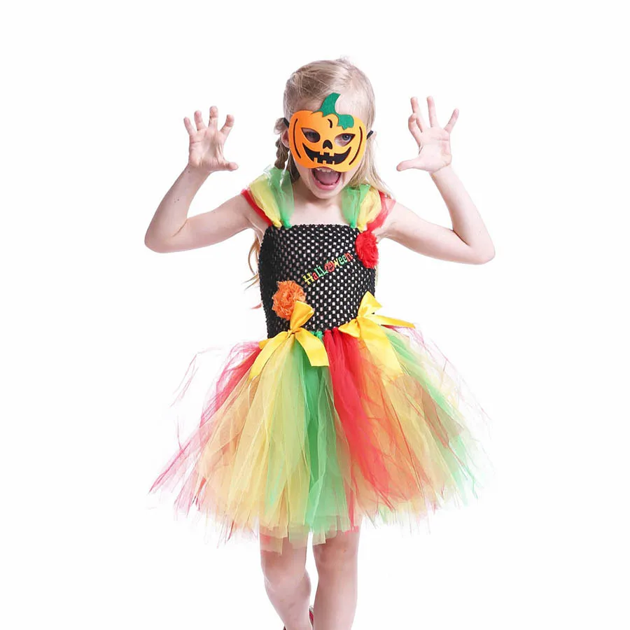 Halloween TUTU Dress with Pumpkin Mask Rainbow kids Birthday Dress Girls TUTU Princess Photo Prop (7)