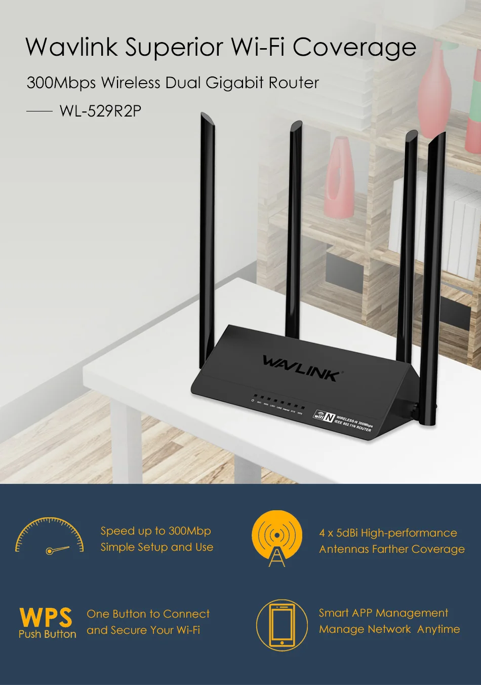 Wavlink 300 Мбит/с беспроводной Wi-Fi маршрутизатор Smart Repeater точка доступа Smart APP с высоким коэффициентом усиления 4 антенны Кнопка WPS IP QoS быстрая