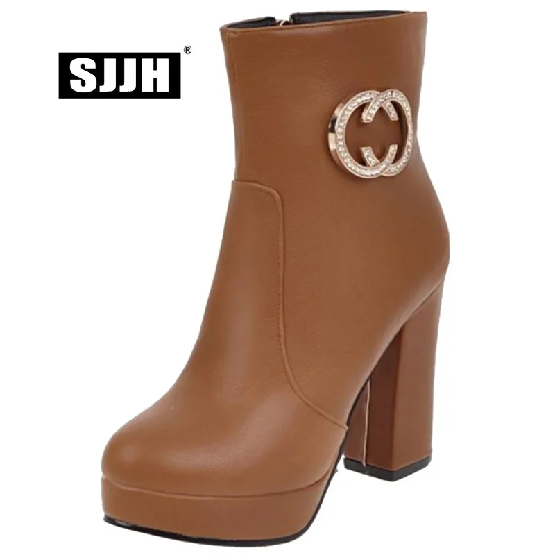 

SJJH Women Ankle Boots with Round Toe Super Chunky Platform Crystal Short Plush Martin Boots Fashion Party Shoes Large Size Q444