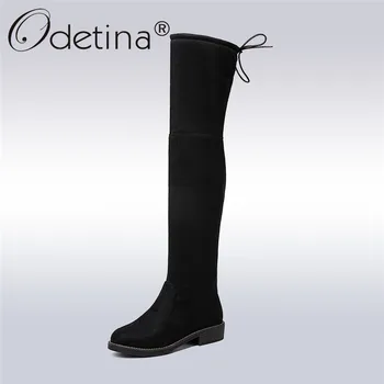 

Odetina New Fashion Women Faux Suede Over The Knee Boots Flat Low Chucky Heel Slim Sexy Thigh High Boots Winter Warm Shoes