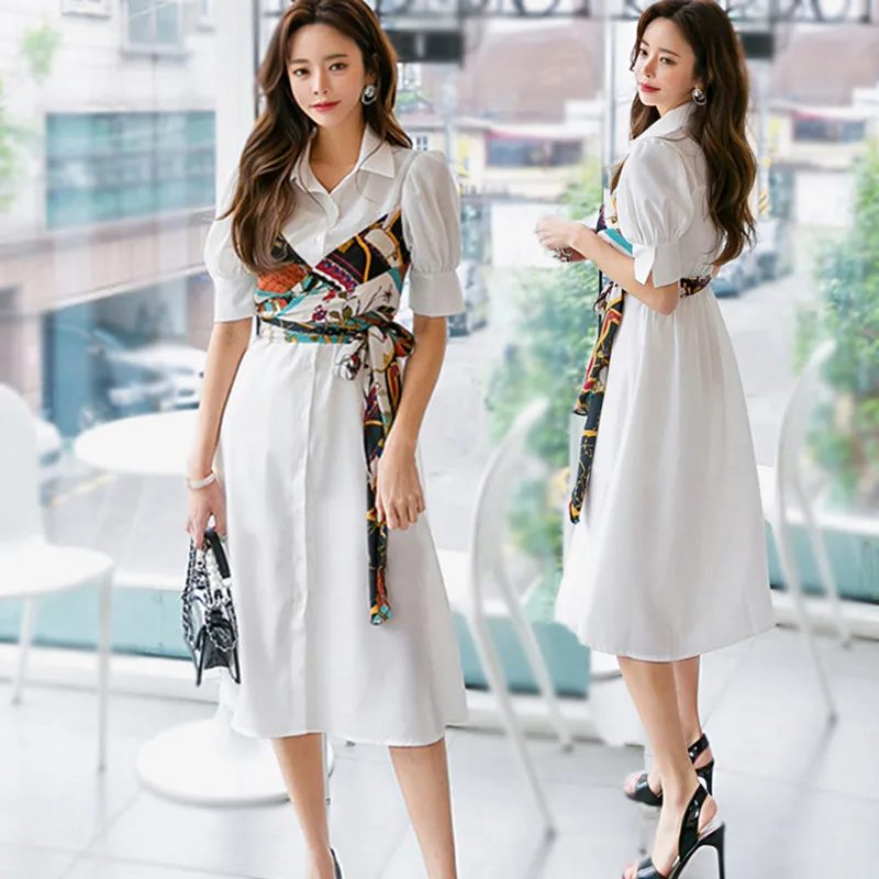 Корейский стиль летнее женское элегантное платье-рубашка из двух частей офисное женское модное платье с принтом и бантом на поясе лоскутное платье до середины икры