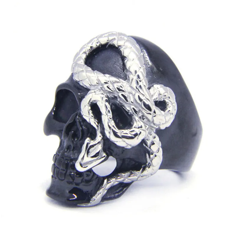 Rany&Roy Dropship Size 7-15 Black Golden Skull Ring 316L Stainless Steel Fashion Hiphop Style Snake Skull Ring