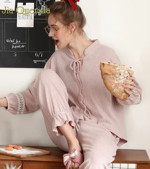 

Pijama Mujer Pink Solid Fashion Sleepwear Women 2019 Spring Belted Collar Lovely Female's Home Wear Clothing Plus Size Pjs Thini