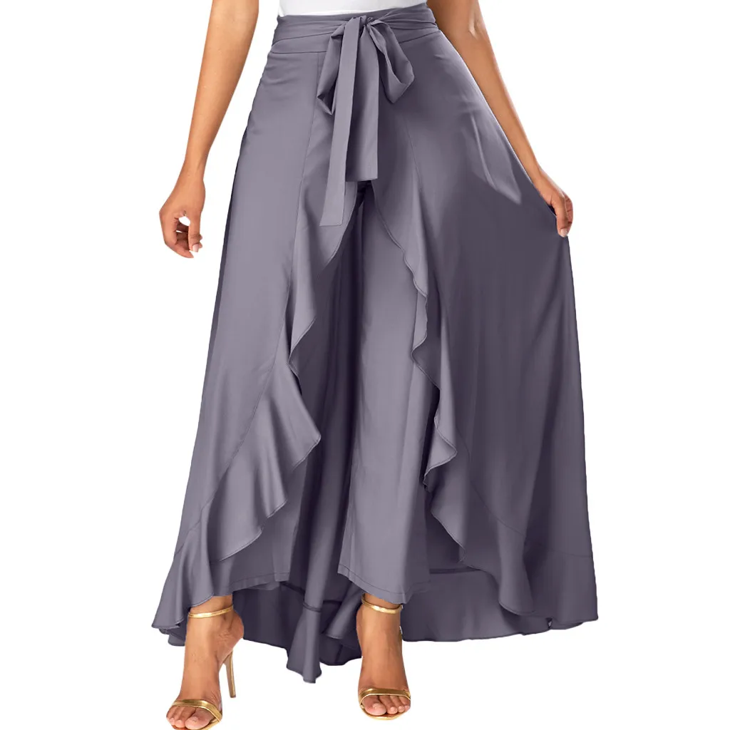 Womens Grey Side Zipper Tie Front Overlay Pants Ruffle Skirt Bow Long ...