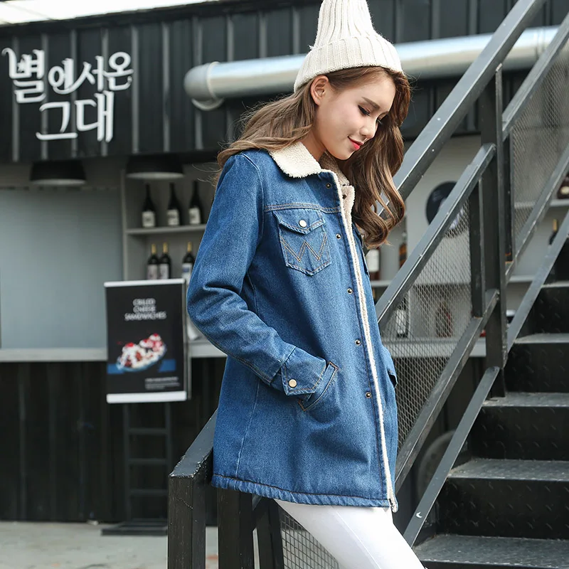 À Automne Hiver Manches Veste Longues Agneau Survêtement Manteaux Nouvelles Vêtements Doublure Col De Dark Chaud Mode Blue down Laine Jean Femmes En Turn ZZrwF