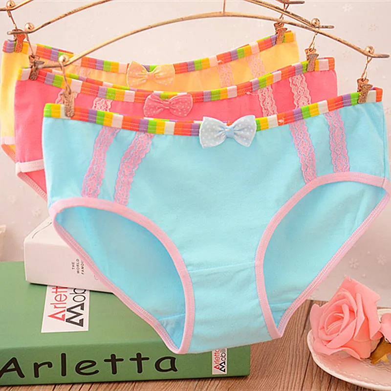 

2018 Girls Underwear 8pc/lot lace lovely navy panties Bow Low Waist Briefs Young Girl teenagers Pants children students