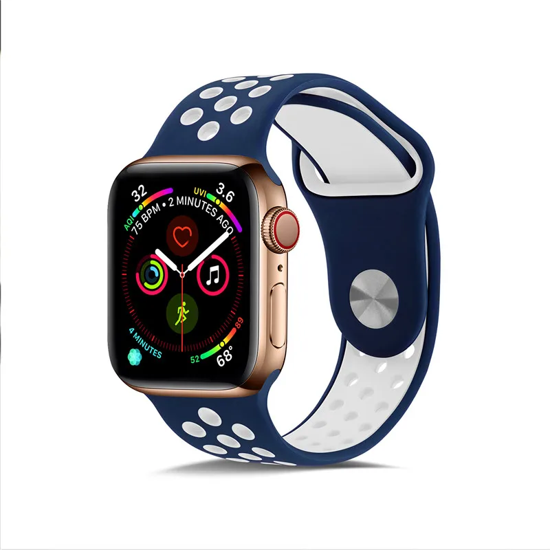 Силиконовый чехол для Apple, ремешки для часов для Apple Watch4/3/2/1 спортивные дышащие освежающий наручный ремешок для наручных часов Iwatch, ремешок серии 44/42/40/38 мм - Цвет ремешка: Blue and white