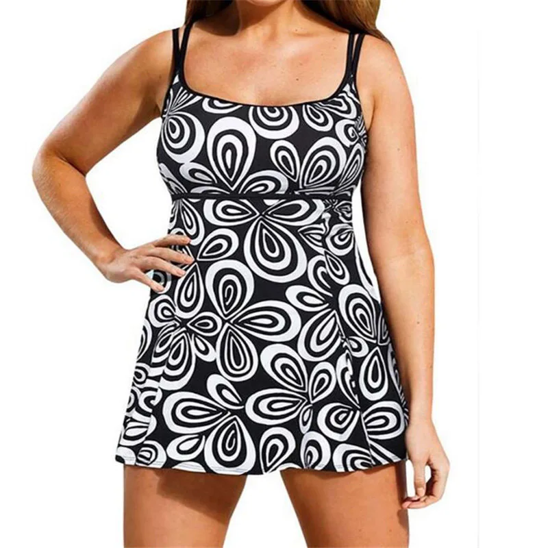 New print black two piece swimsuit plus size swim skirt with pants