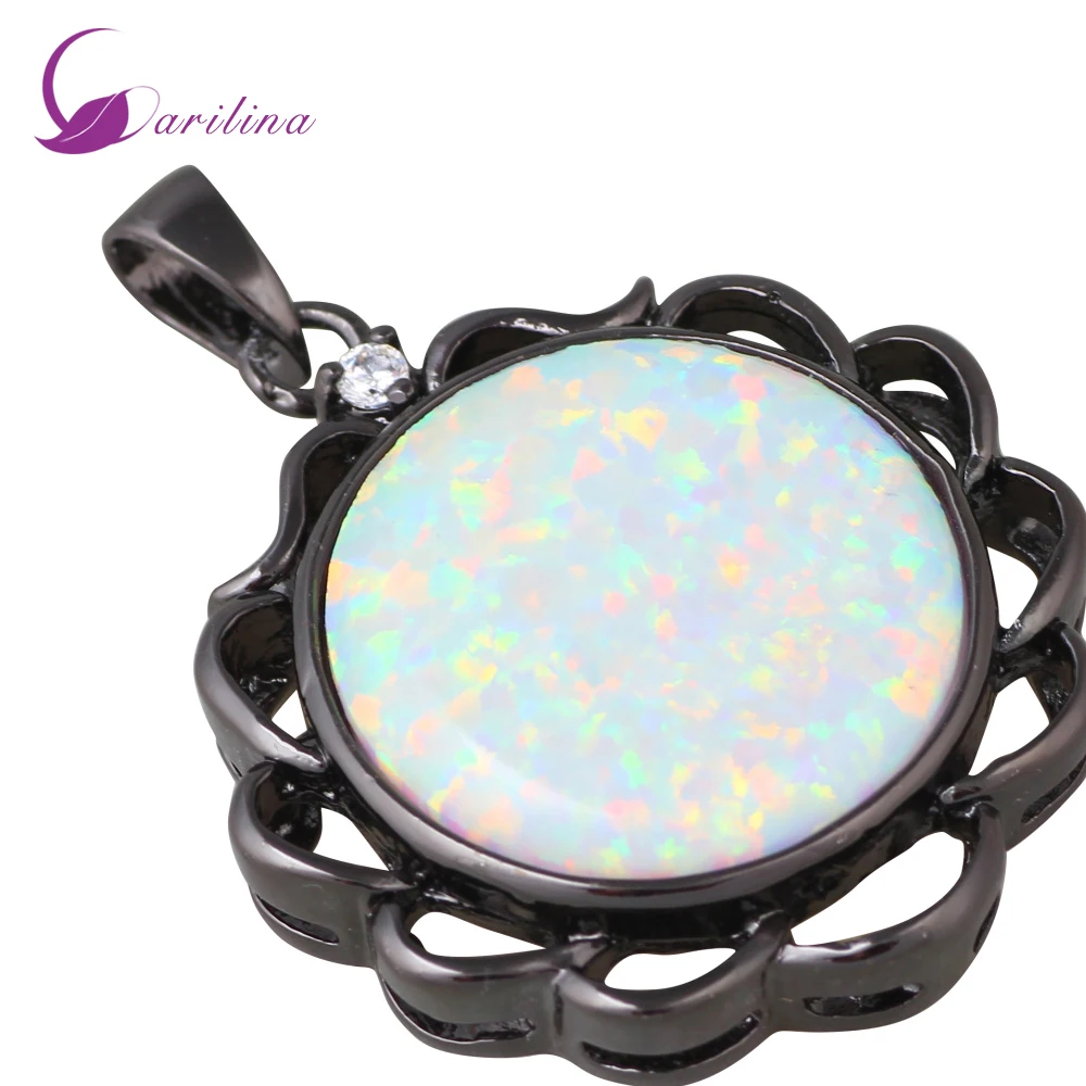 

Hot Sold Noblest girls Round White Fire Opal pendants Fashion Jewelry Black Gun Plated pendants for womens P269