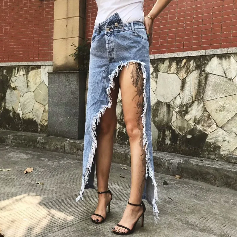 Beste VGH Kwastje Denim vrouwen Cowboy Rok Blue High Street Onregelmatige Hoge Taille Rechte Vrouwen Rok 2019 Zomer Mode Toevallige nieuwe