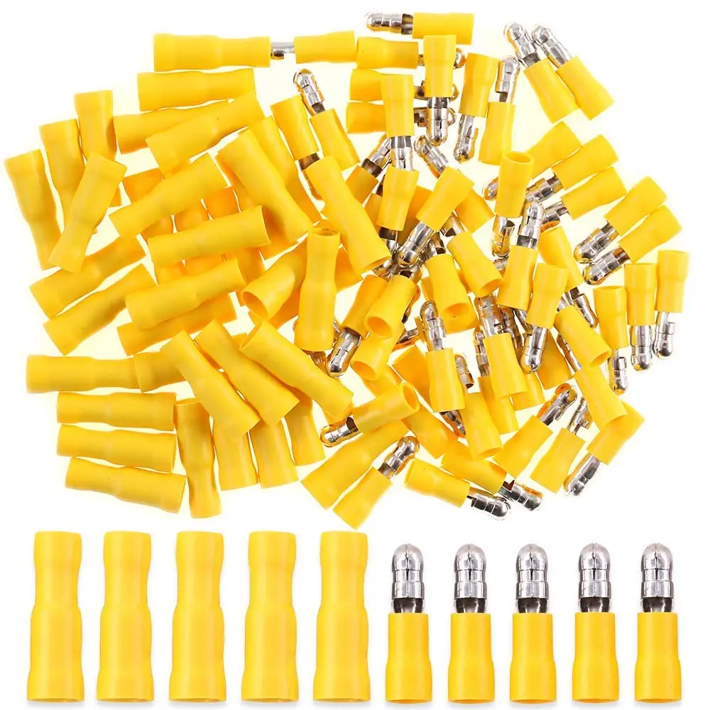 100x Male Female Yellow Fully Insulated Bullet Butt Connector Crimp