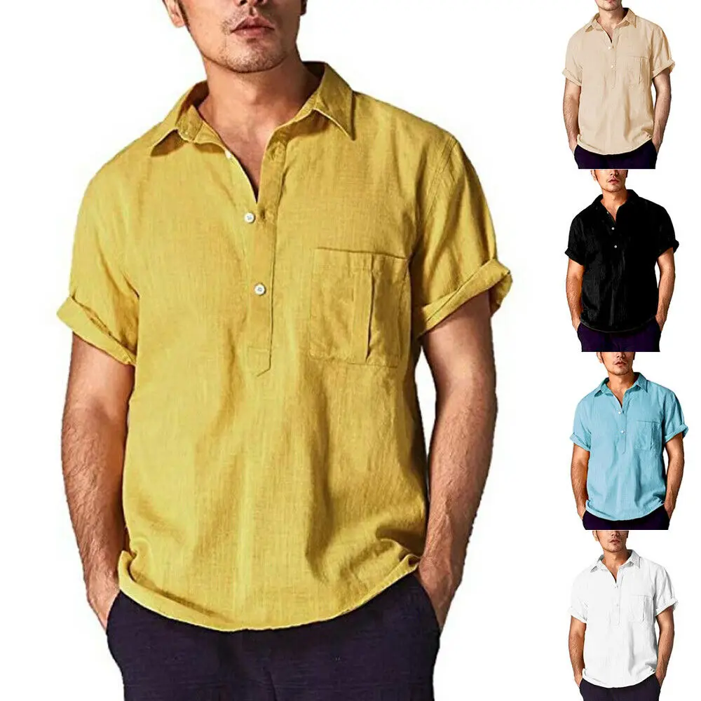 Mens Shirts Casual Slim Fit Linen Short Sleeve Summer Solid Shirts Casual Loose Soft Tops Blouse Solid Mens Dress Shirts
