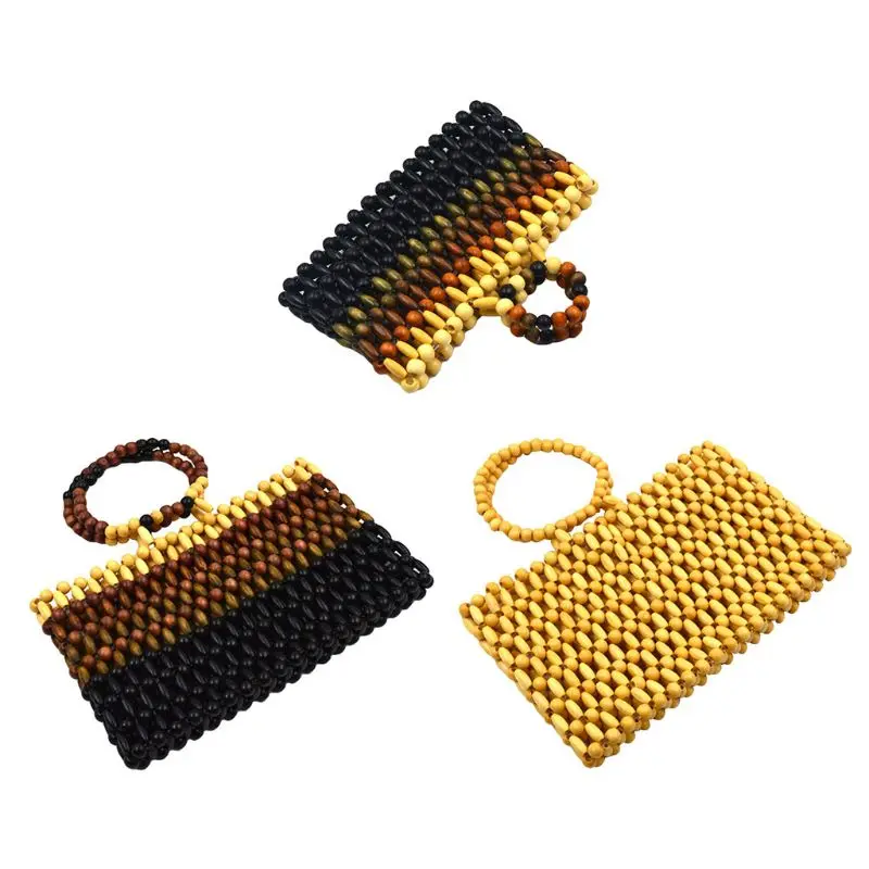 

Women Lady Fashion Wood Beads Handbag Holiday Summer Beach Clutch Messenger Bag Female Multifunction Shopping Tote Evening Bag
