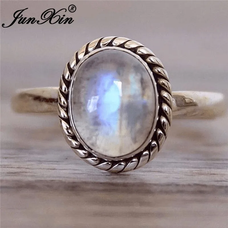 

JUNXIN Boho Oval Moonstone Rings For Women Antique 925 Silver Filled White Opal Ring Female Male Big Stone Stacking Ring Jewelry