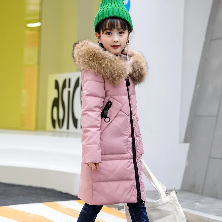 Girls Winter Jackets Long Kids Winter Coat Big Fur Hoodies 80 White