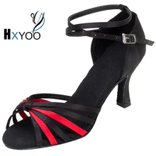 HXYOO 2017 Black Soft Sole Latin Ballroom Dance Shoes Satin Sandals Women Salsa Shoes Girls Tango Dancing WK040