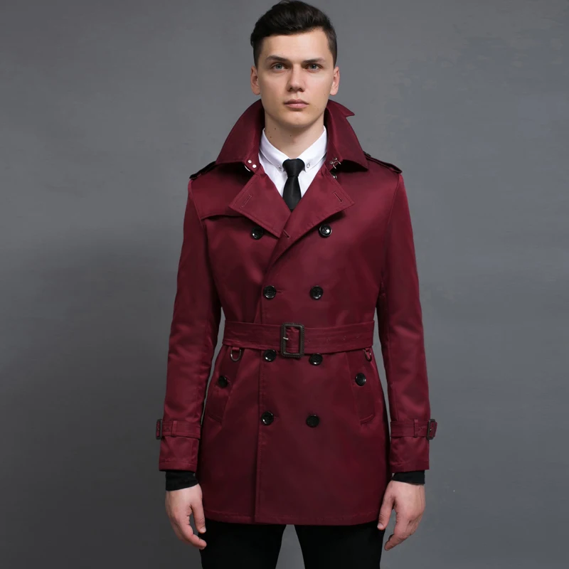 

Minglu Wine Red Mens Coat Luxury England Style Double Breasted Solid Color Mens Jackets Fashion Wine Red Long Man Trench