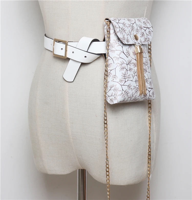 Новинка! винтажная женская сумка из ПВХ с цветочным принтом и бахромой. Поясная сумка для девушек с длинной цепочкой
