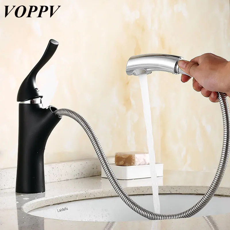 

VOPPV Pull out Basin Mixer Sink Faucet grifo lavabo for Bathroom Faucet Musluk Cold Hot Water Bathroom Basin Pull out Mixer
