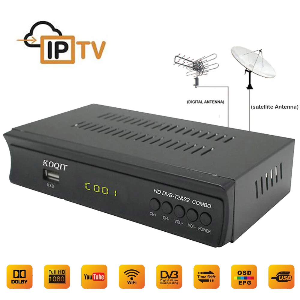 KOQIT FTA Digital Terrestrial Satellite DVB-T2 DVB-S2 Combo Receiver Decoder AC3 TV Tuner IPTV m3u iks Key Cline Youtube Wifi