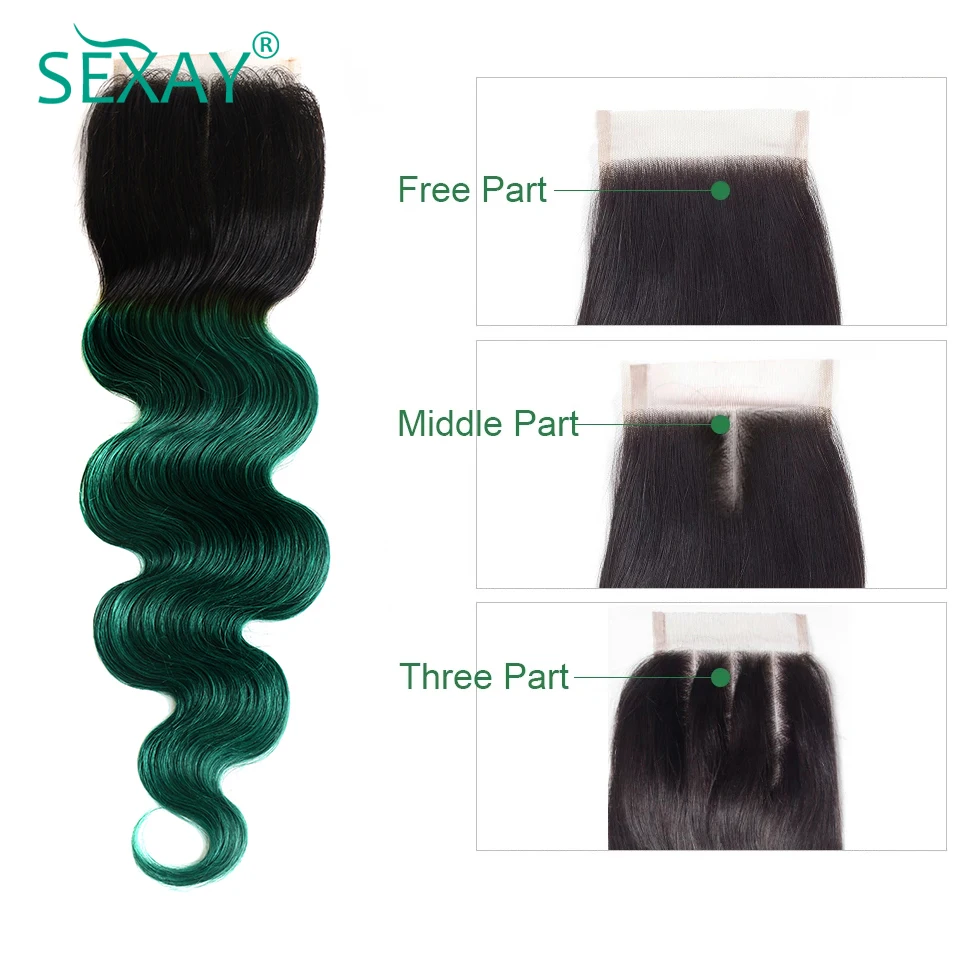 Sexay 4*4 Кружева Закрытие тела плетение человеческих волос наращивание Омбре бразильские волосы 1B/зеленые человеческие волосы Закрытие с волосами младенца 1 фото Лот