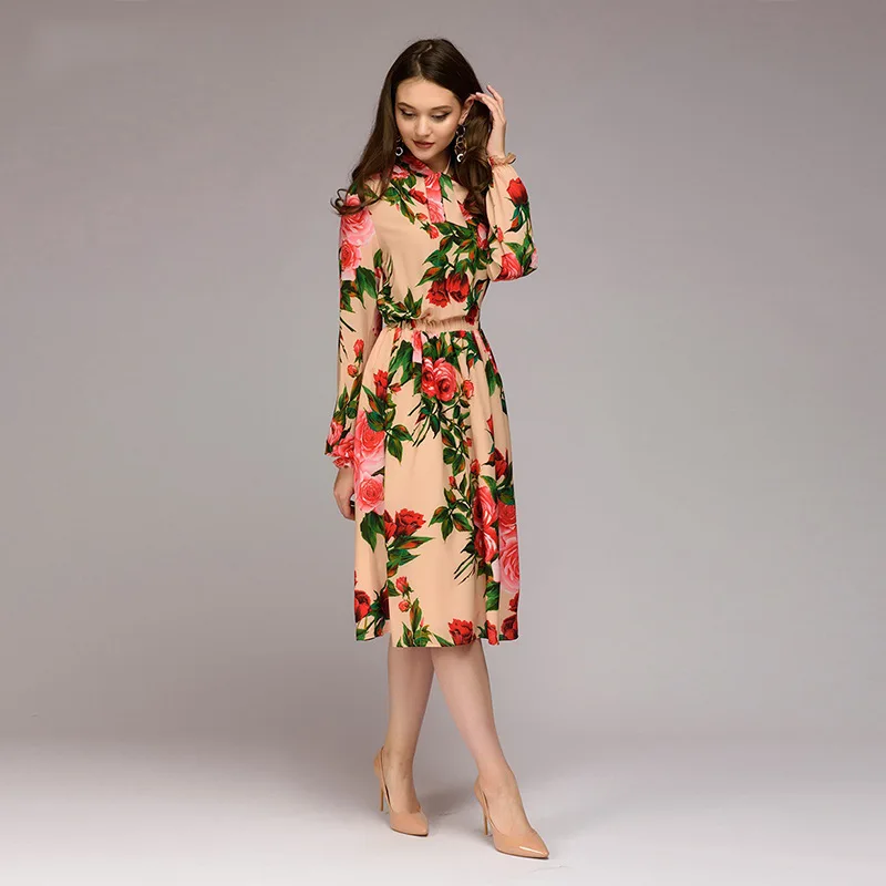 

Print Elastic Waist Elasticity Dresses Women Spring Slim Breathable Loose Ruffle Sleeve Dress Elegnt Bow Collar Fashion 2019 New