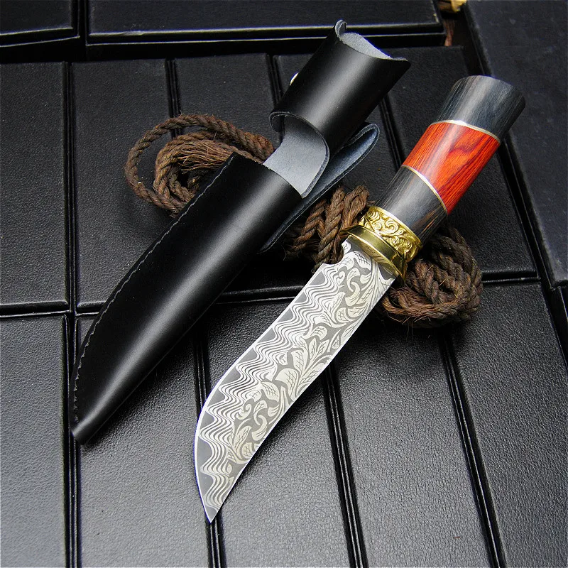 Эверрич Красная деревянная ручка дамасский узор прямой нож североамериканский стиль острый охотничий нож Открытый тактический прямой нож