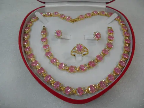 

free shipping>>> Beautiful women's jewelry set Necklace Bracelet Ring Earring( pink)+box NEW