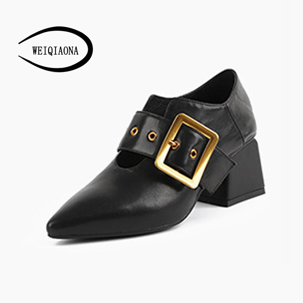 

WEIQIAONA Genuine Leather Shoes belt buckle Fashion Rivet Pumps chunky heel pointed Women Shoes ladies Dress shoes