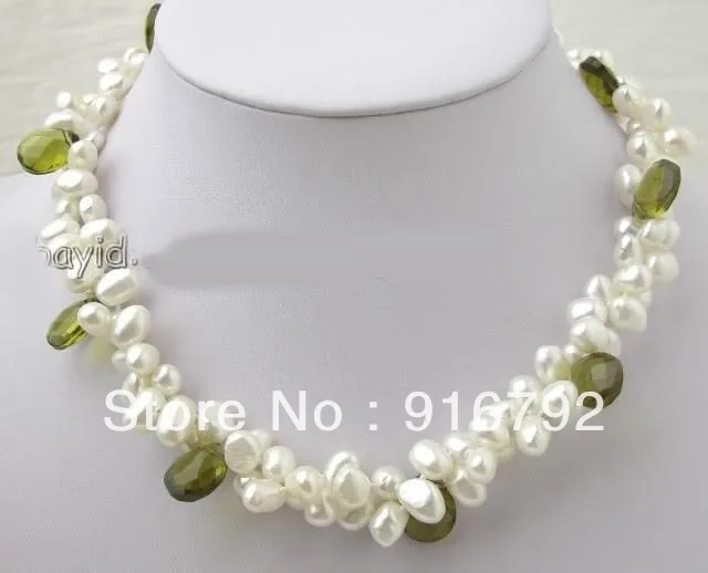 

Free shipping@@@@@ free shipping >White Baroque Pearl Green crystal 2 Row Necklace a