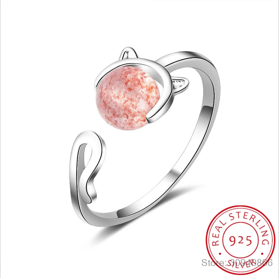 

100% 925 Sterling Silver Cat Ring Cute Animal Strawberry Crystal Finger Rings for Women Adjustable Engagement Jewelry