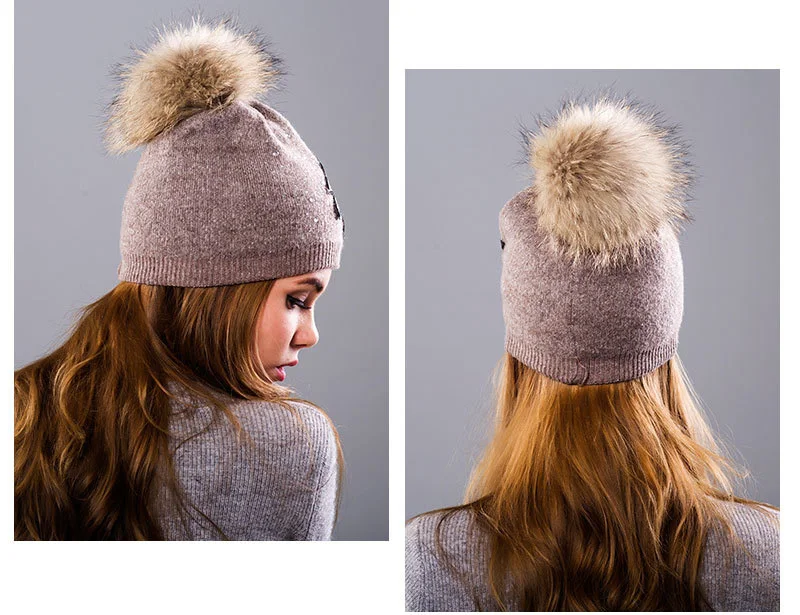 Winter Hat Women Knit Beanie Warm Cap Wool Flower Real Raccoon Pom Pom Autumn Casual Outdoor Ski Skullies Snow Accessory (40)