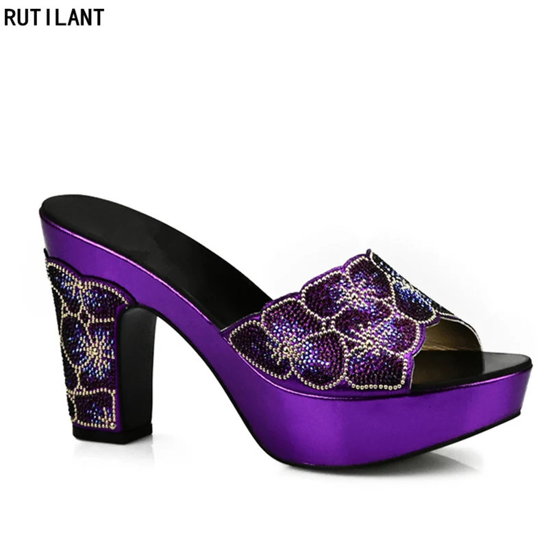 

Latest Design Purple Color African Slippers Summer High Heels High Quality African Low Heels Pumps African Women Wedding Shoes