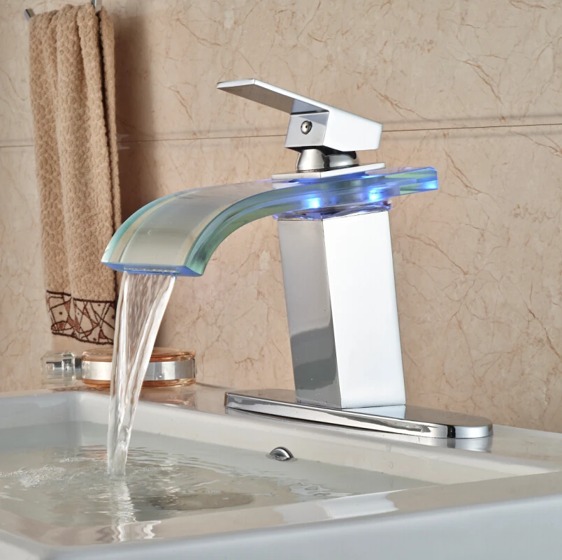 Brass Waterfall LED Light Basin Sink Faucet Deck Mount Glass Spout Bathroom Vanity Sink Mixer Tap