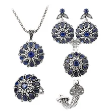 

Sapphire 4Pcs Jewelry Sets Silver Plated Round Vintage Flower Blue Love Crystal Ring Earring Bracelet And Pendant Necklace Sets