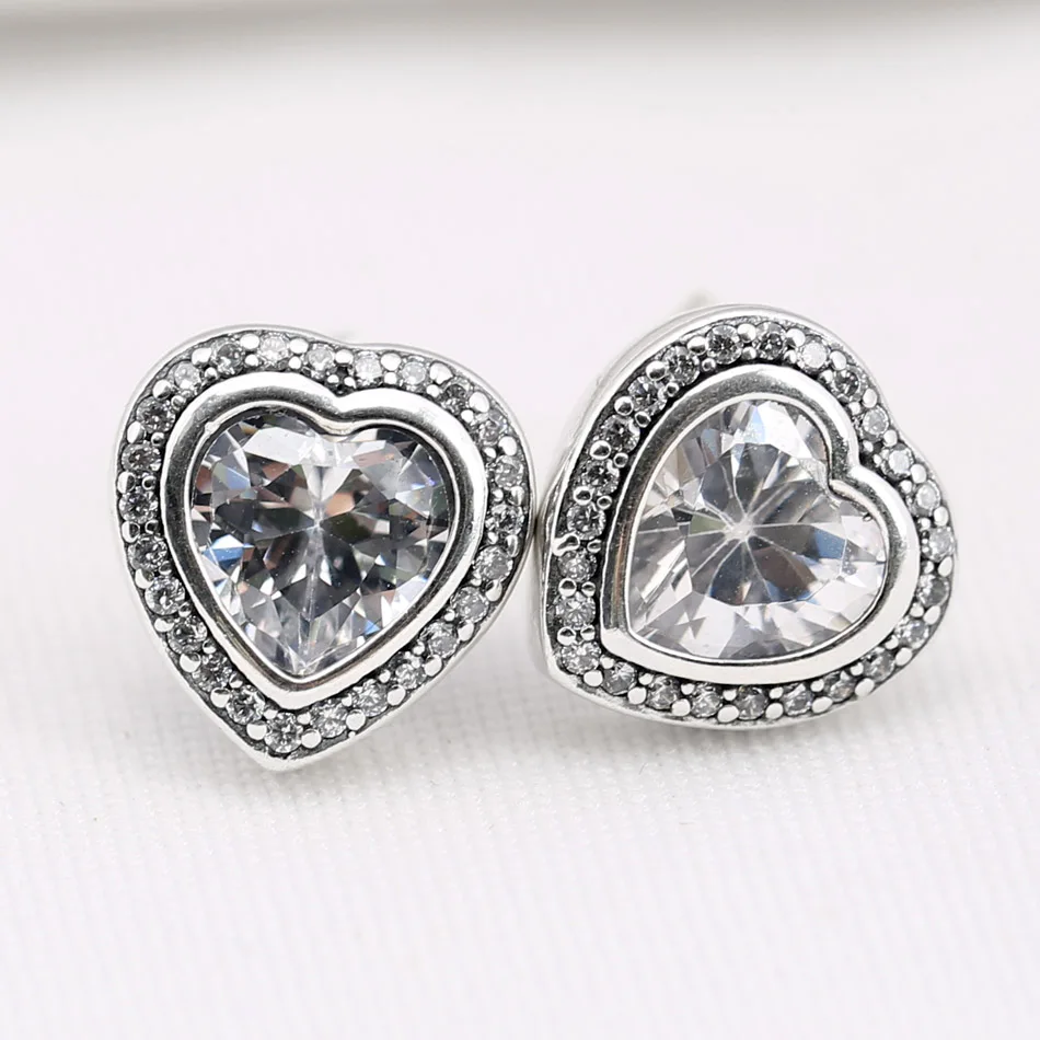 

Authentic 925 Sterling Silver Earring Sparkling Love Heart With Crystal Stud Earrings For Women Wedding Gift Original Jewelry