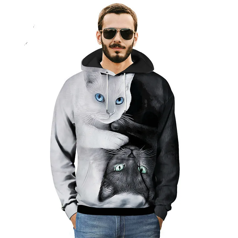 

2018 Men Autumn Plus Size 3D Printing Hoodies EU Size Large Sweatshirts White Black Cats Pattern Mens Pullovers Man Tops