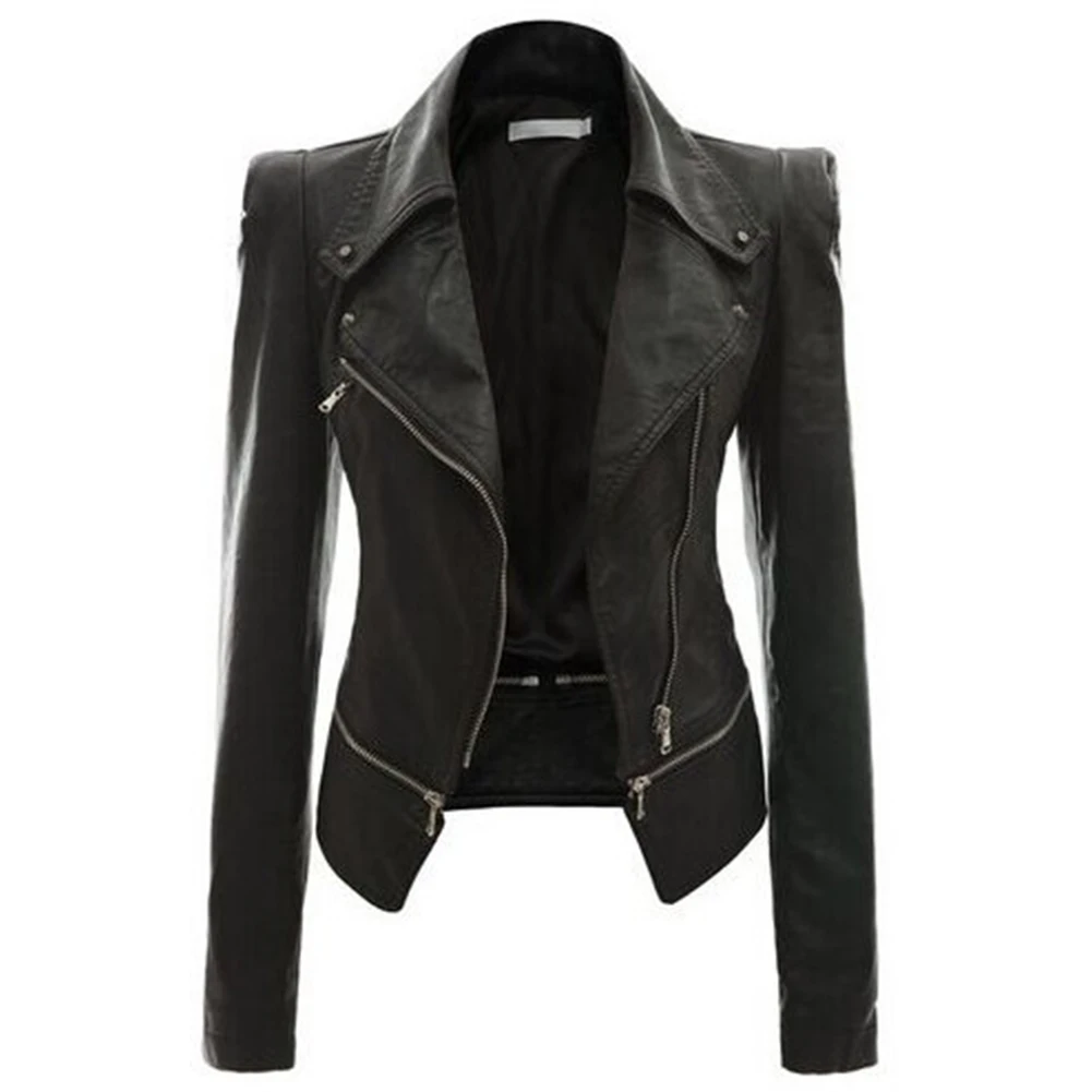 

Women Autumn And Winter PU Locomotive Leather Jacket Coat Long Sleeve Lapel Collar Slim Zipper Two Wear Jacket Black Army Green