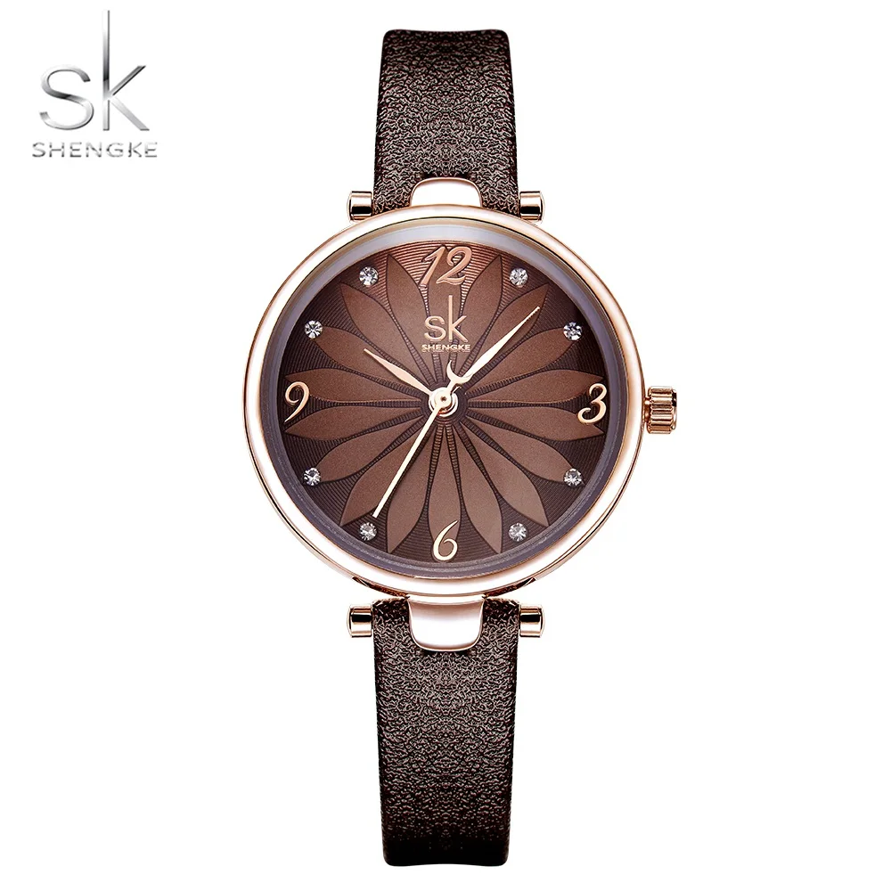 

Shengke Fashion Women Watches Black Brown Leather Strap Flower Dial Female Watch Ladies Quartz Wristwatches Relogio Feminino