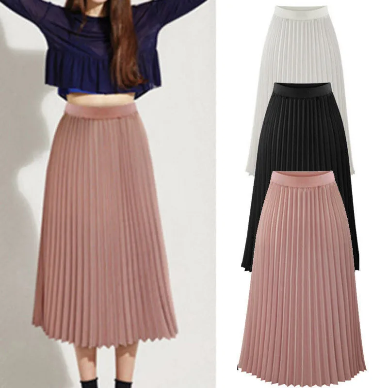 

Hot Summer Skirts For Women Casual Solid Pleated Elegant Midi Elastic Waist Maxi Skirts Wholesales jupe plissee femme 50*