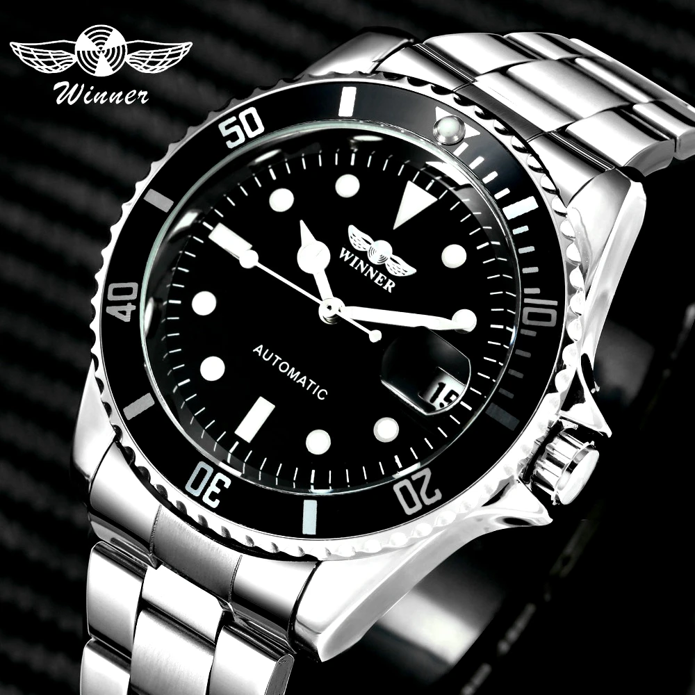 

WINNER Brand Silver Men Automatic Mechanical Watch Stainless Steel Calendar Date Luxury Clock Fashion Wrist Watches
