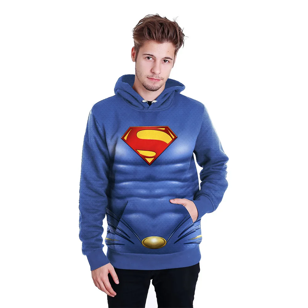 Hoodies Superman 3D Print Blue Hoodies with Hat Men Hoodie Loose Hooded Sweatshirt Sudaderas Para Hombre Streetwear