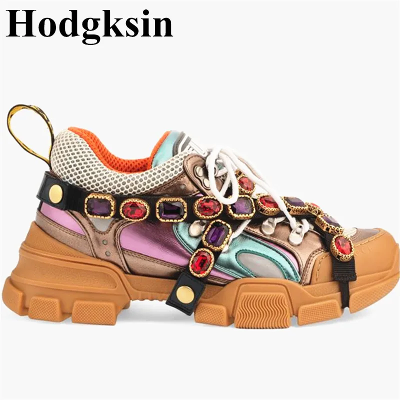 

2019 Street Fashion Air Mesh Chunky Women Sneakers Glitter Crystal Lace Up Soft Men Casual Shoes Trainers Thick Heel Sport Shoes