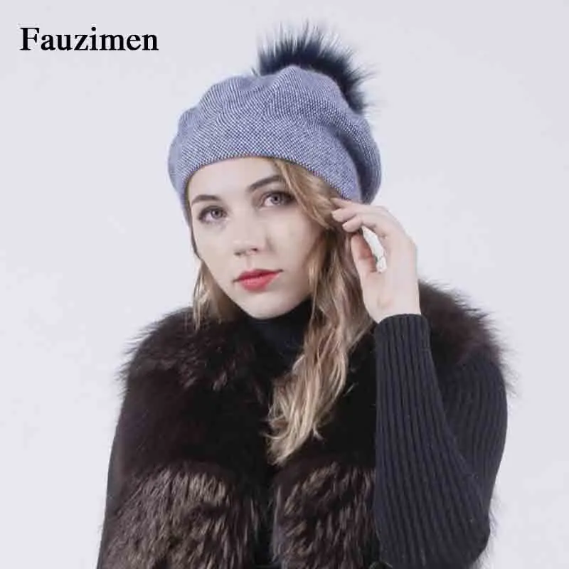 

Winter Autumn Berets Custom fur pom pom Angora Hats High Quality Fashion Cap For Girls Women Hat