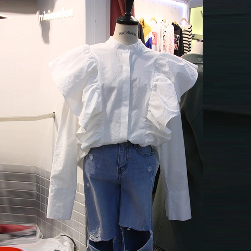 

Autumn 2019 New Solid Color Women Shirts Wild Cotton Fashion Casual Long-sleeved Blouses and Tops Female Ruffled Women Clothing