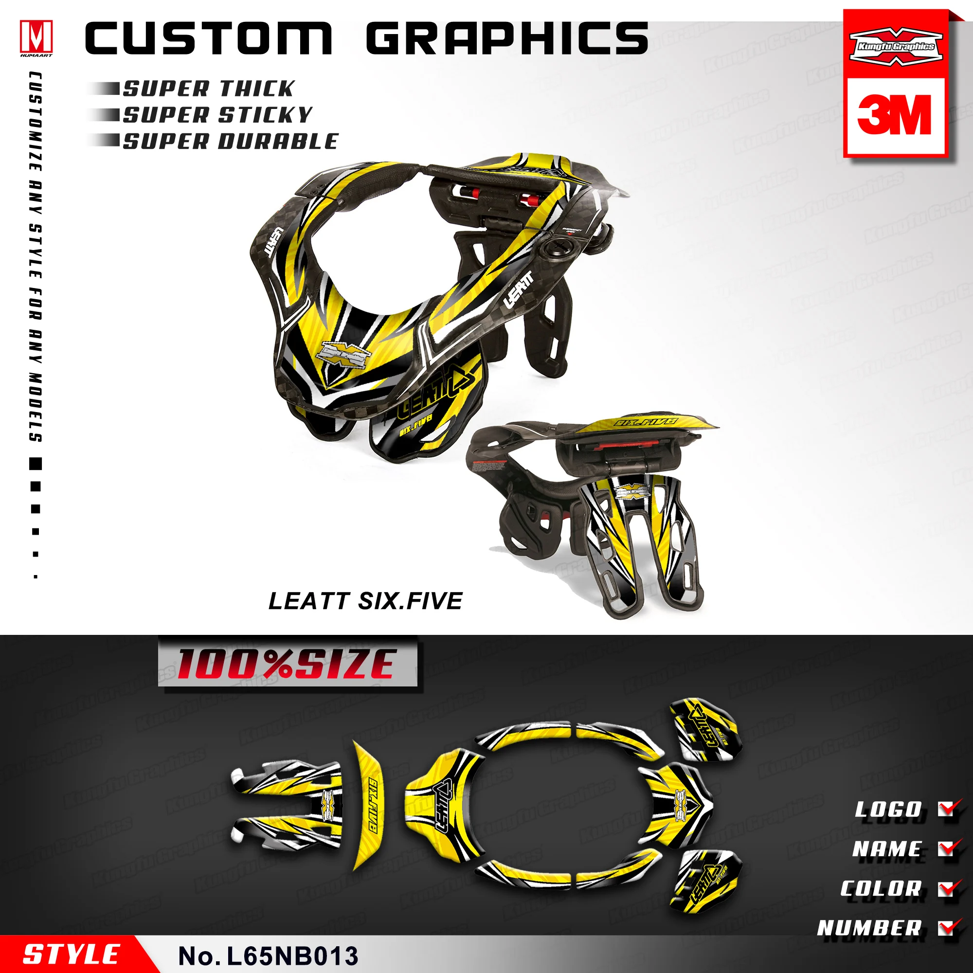 

KUNGFU GRAPHICS Custom Racing Stickers MX Decals Yellow Wrap for Leatt DBX GPX 6.5 Six Five Neck Brace S/M L/XL